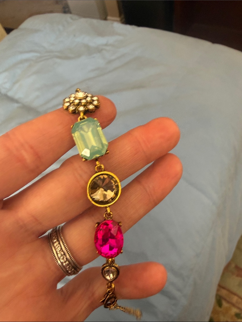 Gold-Tone Bracelet with Aqua, Clear and Hot Pink Stones
